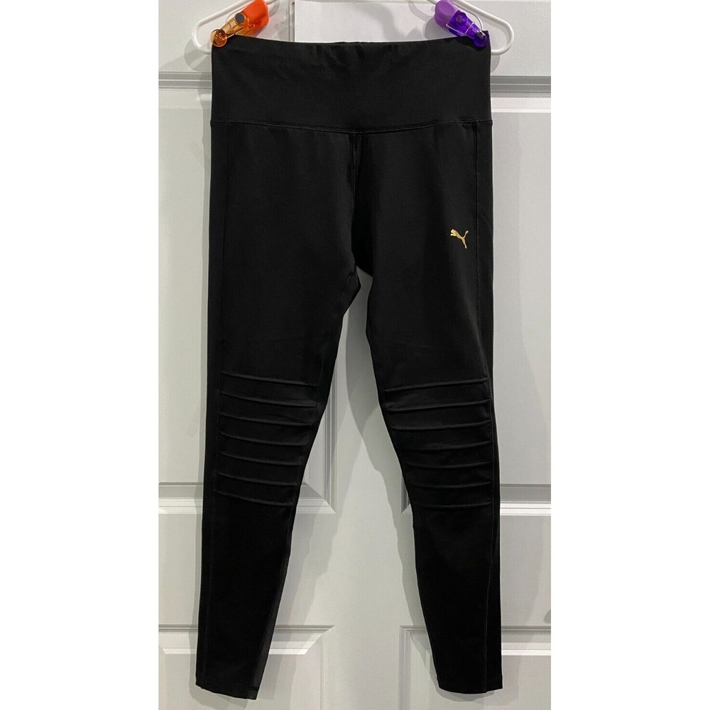 PUMA Black Fitness Leggings Relaxed Stretch Gold Logo Women's Size Large